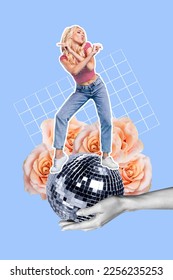 Creative collage poster of youth lady hipster dance moving glitter disco ball over floral pattern background - Shutterstock ID 2256235253