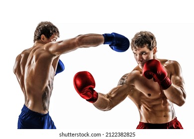 Creative collage of professional boxers who fighting isolated on white background. Red corner. Blue corner. 