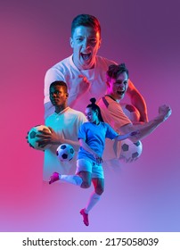 Creative collage with professional sportsmen, male and female soccer, football players over purple background in neon light. Sport, healthy lifestyle, motion, activity, movement concept. Poster for ad - Shutterstock ID 2175058039