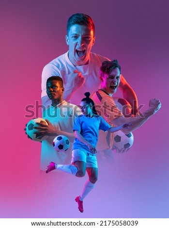 Creative collage with professional sportsmen, male and female soccer, football players over purple background in neon light. Sport, healthy lifestyle, motion, activity, movement concept. Poster for ad