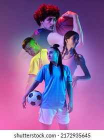 Creative collage with professional sportsmen, soccer and basketball players over purple smoky background. Advertising, sport, healthy lifestyle, motion, activity, movement concept. Poster for ad
