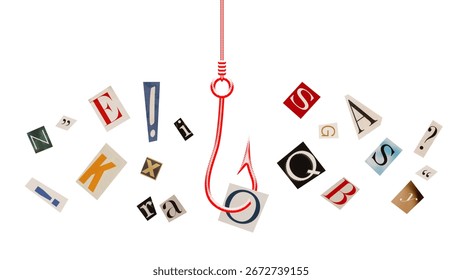 Creative collage. Red hook catching cutout letters in ransom style typography on white background. Concept of content hooks, attention grabbers, manipulative headlines, and editorial psychology.
