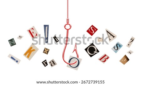 Creative collage. Red hook catching cutout letters in ransom style typography on white background. Concept of content hooks, attention grabbers, manipulative headlines, and editorial psychology.
