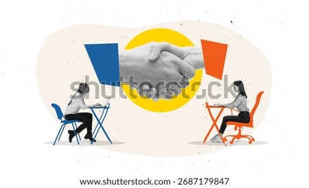 Creative collage. Remote workers connecting through digital handshake representing online partnership. Concept of communication, trust, and collaboration for business, HR and digital marketing visuals