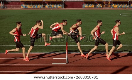 Creative collage. Sequence of hurdler jumping over barrier on stadium track in motion phases. Concept of progress, rhythm, determination for sports branding, education, and motion design visuals.