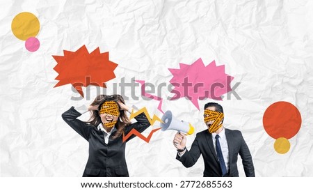 A creative collage showing a man shouting through a megaphone at a distressed colleague, symbolizing toxic work culture, verbal abuse, and communication breakdown in a business setting