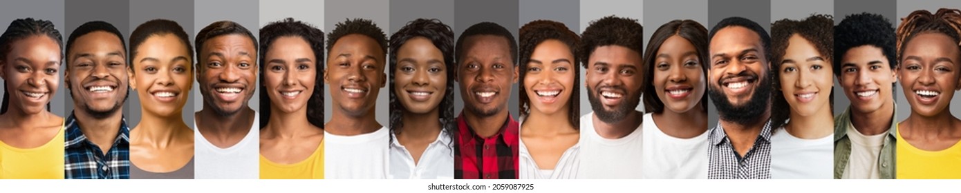 Creative Collage With Smiling Black People Faces Over Grey Backgrounds, Set Of Happy Young African American Men And Women Portraits In A Row, Diverse Males And Females Looking At Camera, Panorama - Shutterstock ID 2059087925