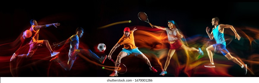 Creative collage of sportsmen in mixed and neon light on black background. Flyer for advertising or proposal. Motion, action, sport, reaching target concept. Tennis, soccer, basketball, badminton, run - Powered by Shutterstock