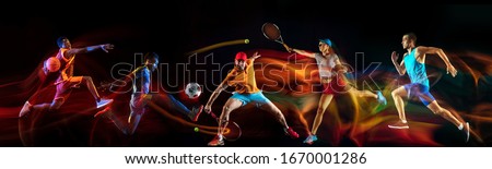 Creative collage of sportsmen in mixed and neon light on black background. Flyer for advertising or proposal. Motion, action, sport, reaching target concept. Tennis, soccer, basketball, badminton, run