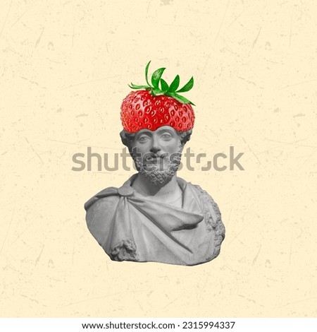 Creative collage of statue head with strawberry. Modern design. Copy space.