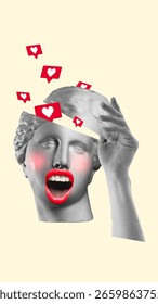 Creative collage of statue with open head and floating like icons on cream background. Concept of digital validation, online identity expression, visual branding for social platforms