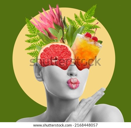 Creative collage with stylish young woman, cold cocktail and tropical plants on green background