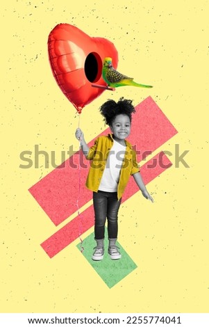 Creative collage template graphics image of happy smiling little child holding 14 february gift isolated drawing background