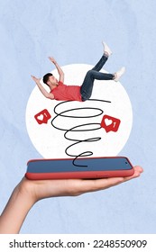 Creative collage template image of funny guy swallowed instagram twitter facebook addiction isolated drawing background