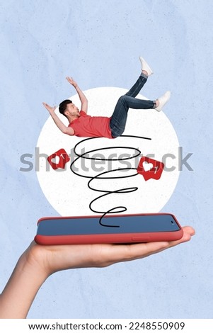 Creative collage template image of funny guy swallowed instagram twitter facebook addiction isolated drawing background