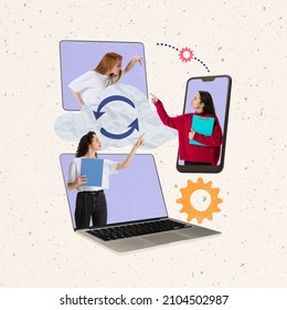 Creative Collage. Three Young Girls, Employees Sticking Out Gadget Screen And Communicating Symbolizing Well-coordinated Teamwork. Concept Of Career, Work, Motivation, Teleworking, Online Cooperation