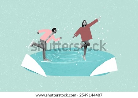 Creative collage of two funky black white colors partners have fun ice skating frozen lake snowfall isolated on turquoise background