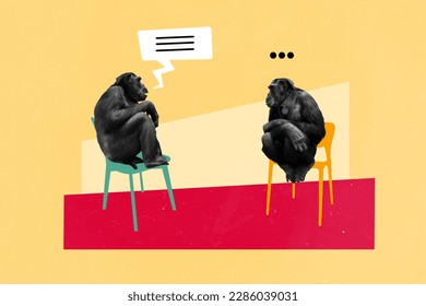 Creative collage of two funny gorillas dialogue sitting human chairs conversation about banana deals isolated on yellow background - Shutterstock ID 2286039031