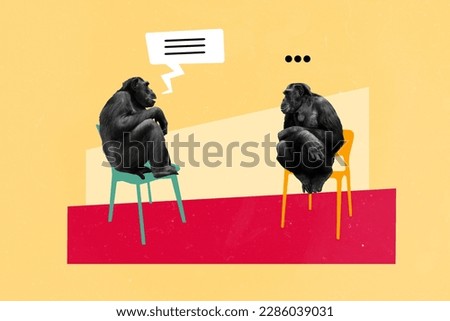 Creative collage of two funny gorillas dialogue sitting human chairs conversation about banana deals isolated on yellow background