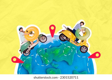 Creative collage two mini black white colors pensioners ride moped big planet earth globe worldwide destination geolocation mark