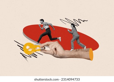 Creative collage of two mini black white effect people use smart phone run hurry big arm fingers hold light bulb isolated on drawing background - Powered by Shutterstock