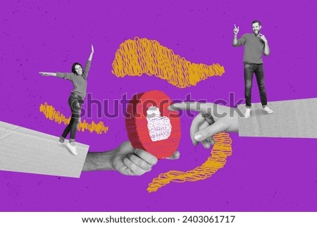 Creative collage of two mini black white effect people stand big arm finger hold touch heart like notification isolated on purple background