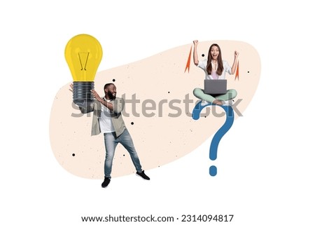 Creative collage of two mini people hold big light bulb sit question mark use netbook raise fists isolated on painted white background