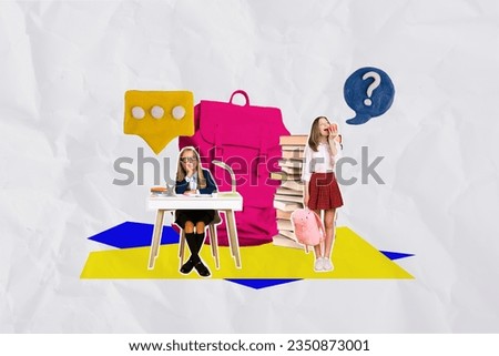 Creative collage of two mini smart kids plasticine mind bubble question mark desktop eat apple huge rucksack pile satck book isolated on paper background