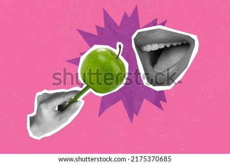 Creative collage of two people body part hand feeding tasty apple mouth teeth biting isolated vibrant color background