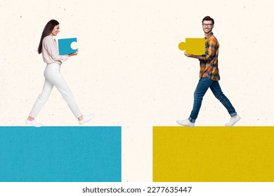 Creative collage of two people working together supporting ukraine politics economy pay taxes puzzles matches pieces isolated on beige background - Powered by Shutterstock