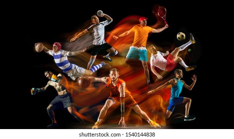 Creative collage of unrecognizable models running and jumping. Advertising, sport, healthy lifestyle, motion, activity, movement concept. American football, soccer, tennis volleyball box badminton - Shutterstock ID 1540144838