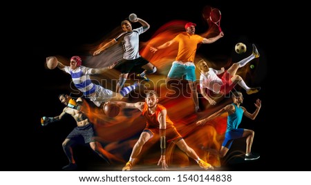 Creative collage of unrecognizable models running and jumping. Advertising, sport, healthy lifestyle, motion, activity, movement concept. American football, soccer, tennis volleyball box badminton