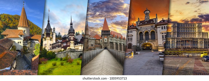 Creative Collage View Of Romania Architectural Monuments and Castles- Bran Castle, Peles Castle, Corvin Castle in Hunedoara, National History Museum In Constanta, Palace of the Parliament in Bucharest