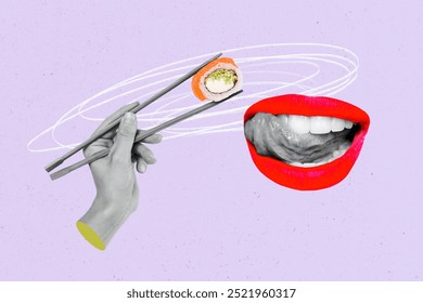 Creative collage woman lips mouth face fragment pomade teeth lick tongue tempting meal sushi asian food 3d hand restaurant order