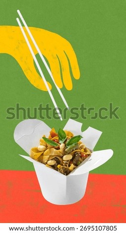 Creative collage with yellow hand using chopsticks to take noodles from white takeout box on green background. Concept of Asian food branding, delivery packaging, restaurant identity, and ads design.