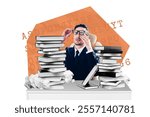 Creative collage young businessman employee worker book stack pile overloaded workaholic burnout exhaustion tired drawing background