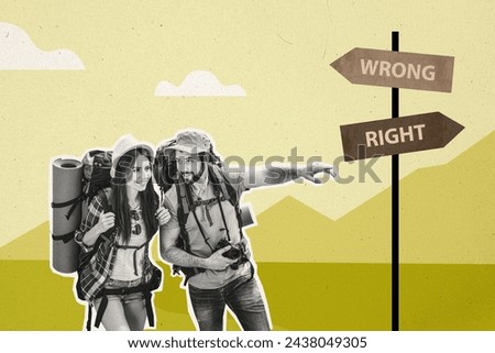 Creative collage young couple man showing road signboard direction wrong right travelers lost way path mountain scenery wild nature