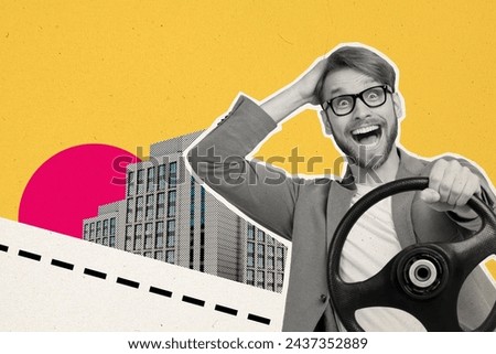 Creative collage young crazy man hold steering wheel vehicle driver go fast urban city driving traveler tourist yellow sky background