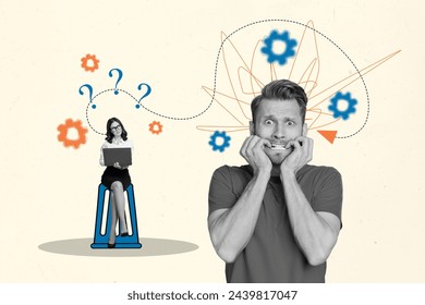 Creative collage young man biting nails scrared fear attractive businesswoman laptop question marks cogwheels ask why efficiency worker - Powered by Shutterstock