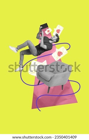 Creative collage of young man blogging content maker smm manager much followers jump with laptop sit chair isolated on green background