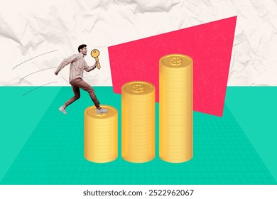 Creative collage young man persistent go rush upstairs money golden coins stacks rich wealthy investor trader success access key