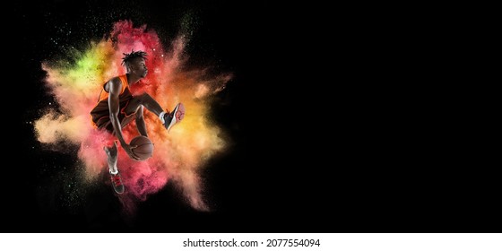 Creative collage of young man, professional backetball player training isolated over colorful powder explosion on black background. Concept of art, sport, motivation, action. Copy space for ad - Powered by Shutterstock