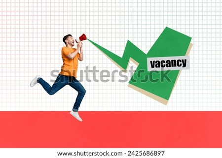 Creative collage young running guy hold loudspeaker proclaiming vacancy recruitment human recourses headhunting checkered background