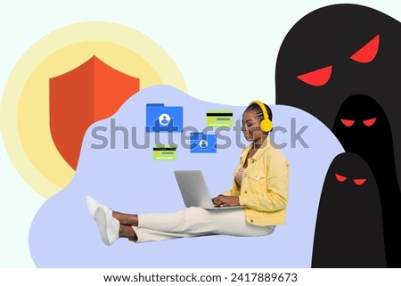 Creative collage young sitting girl browsing laptop pc internet web security hackers privacy oversee espionage data protection virus