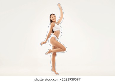 Creative Collage With Young Slim Lady And Drawn Silhouette Around Her Perfect Body, Beautiful Millennial Woman Demonstrating Result Of Successful Weight Loss, Standing On White Background