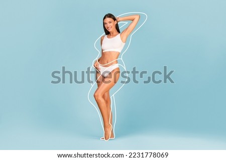 Creative Collage With Young Slim Lady And Drawn Silhouette Around Her Perfect Body, Beautiful Millennial Woman Demonstrating Result Of Successful Weight Loss, Standing On Blue Gradient Background