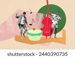 Creative collage young two dancing men artists musicial instruments players violin guitar drummer concert performance energetic party