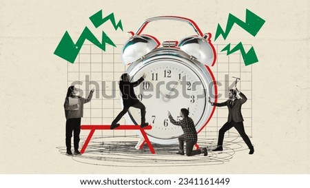 Creative collage of young workers start work raise big huge clock over painting background. Work schedule. Concept of success, work, job, deadline, time managament and ad.
