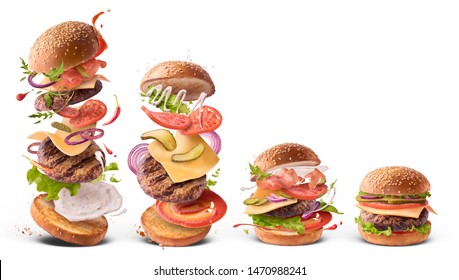 Creative Collection Set With Delicious Burger With Flying Ingredients Isolated On White Background. Food Levitation Concept. High Resolution Image.