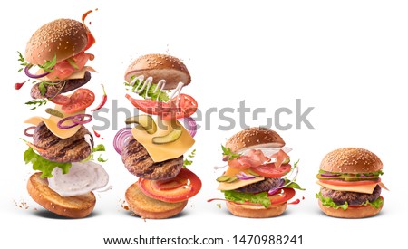 Creative collection set with Delicious burger with flying ingredients isolated on white background. Food levitation concept. High resolution image.